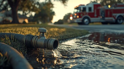 A fire hose dispensing water, with a fire truck in the background, set in a calm neighborhood during sunset.