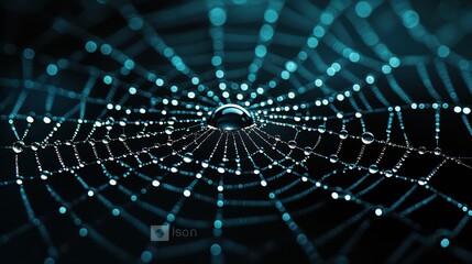 A close-up of dew drops on a spider web in the morning.