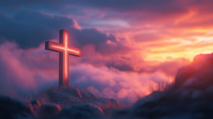 A wooden cross glows with a red light against a dramatic sunset sky.