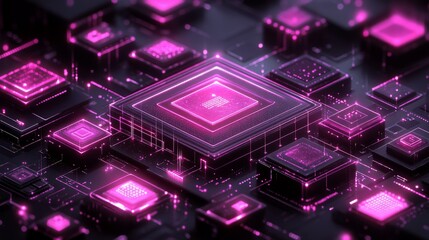Poster - A vibrant close-up of a futuristic microchip design with glowing pink elements against a dark background.