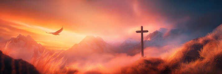 A wooden cross stands tall on a mountaintop, bathed in the golden glow of a sunrise.