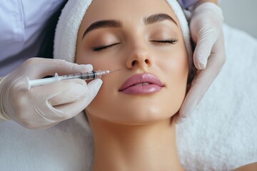 Poster - A beautiful woman undergoes hyaluronic acid injection to enhance her lips and rejuvenate her skin in a clinical setting. Generative AI