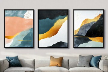 A set of three abstract art illustrations. Creative simple hand-painted, wall decoration, wallpaper, poster, card, mural, carpet, hanging, print