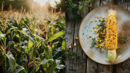 Wall Mural - A side-by-side view of corn on the cob, showcasing the difference between the plant and the prepared food.,from crop to dish