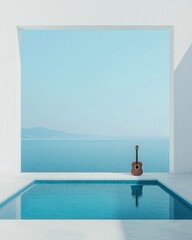 Wall Mural - effects sound balance, tranquil seaside retreat with an acoustic guitar framed by a stunning ocean v