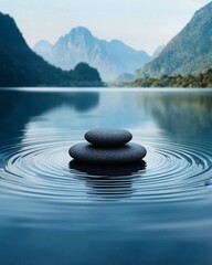 Wall Mural - tranquil waters a serene view of stacked stones creating ripples in a calm lake surrounded by majest