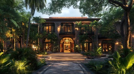 A luxurious, Mediterranean-style mansion with a lush, tropical garden and warm lighting.