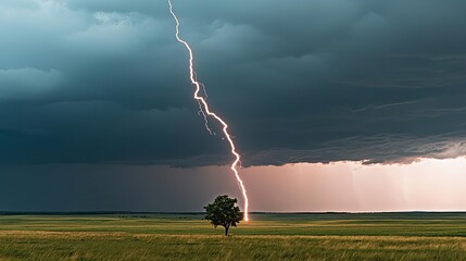 Dramatic lightning strikes a lone tree in a vast, open field under dark storm clouds.