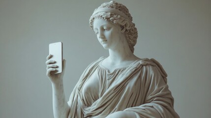 A statue of a woman holding a cell phone