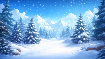 Serene winter landscape with snow-covered mountains and trees