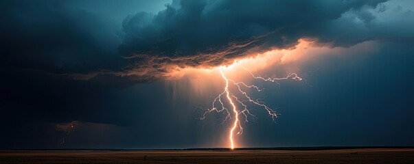 Dramatic lightning striking in a dark stormy sky, showcasing nature's raw power.