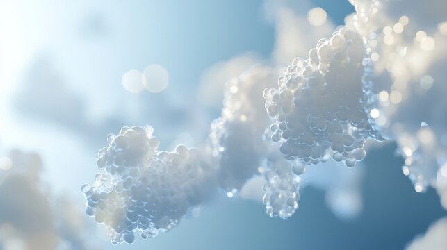 Abstract 3d rendering of a chain of molecules, possibly a protein or other complex organic structure, on a blue background with light effects