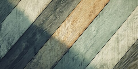 Poster - Sunlight is illuminating a surface consisting of diagonal wooden planks painted in different colors. The image evokes a vintage and rustic style