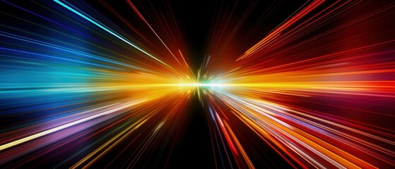 Poster - Dynamic burst of colorful light rays on a black background, creating an energetic and modern feel.