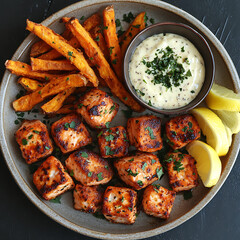 Delicious golden fried salmon bites served with crispy sweet potato fries, creamy dipping sauce, and fresh lemon wedges create delightful meal experience