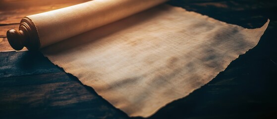 old parchment paper scroll with a rolled edge on a wooden surface, inviting creativity and historica