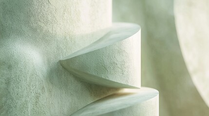 Poster - Abstract minimalist image featuring a green stone sculpture forming a set of spiraling stairs, bathed in soft, diffused light
