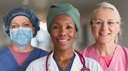 A diverse group of medical professionals collaborates in a bright hospital corridor, showcasing teamwork and dedication to patient care during a busy day