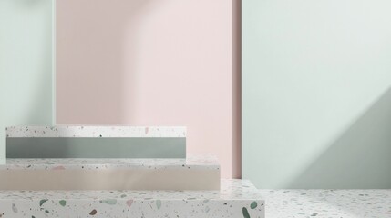 Poster - Minimalist double platform made of terrazzo, casting shadows on a pastel background, ideal for showcasing products. The soft light highlights the texture of the material