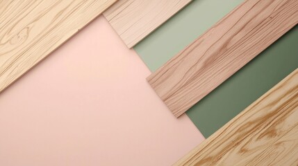 Poster - Wooden boards and planks creating a geometric composition on a pink surface, perfect for showcasing natural materials and minimalist design