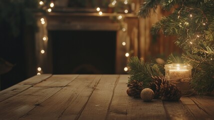 Wall Mural - Burning candle is casting a warm glow on a wooden table decorated with pine branches, pine cones, and christmas lights