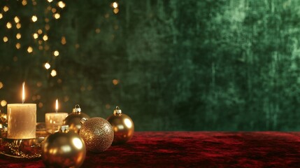 Wall Mural - Christmas decoration is standing on red velvet fabric against a green background with sparkling lights. The composition creates a festive atmosphere