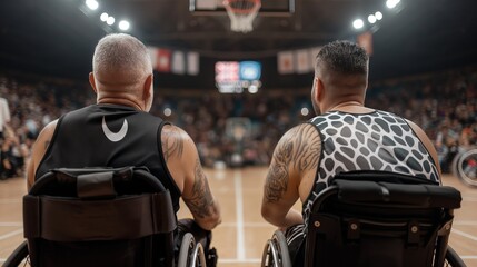 Athletes compete in an international wheelchair basketball tournament showcasing skill and determination in a vibrant arena filled with enthusiastic fans