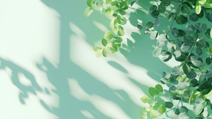 Poster - Sunlight casting shadows from eucalyptus leaves on a green wall, creating a refreshing and natural aesthetic perfect for backgrounds