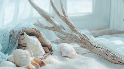 Poster - Serene beach scene with driftwood, seashells, and blue netting, perfect for a peaceful getaway. Light pastel colors add brightness and calmness. Enjoy the soothing vibes of summer vacation