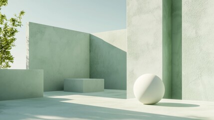 Poster - Bright green concrete wall with a sphere and square podiums is bathed in sunlight in this minimalist product display. The simplicity of the design creates a calm and modern feel