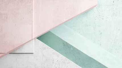 Poster - Architectural detail showing a geometric composition of concrete panels painted in pink, white and green, creating an abstract background