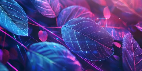 Poster - Abstract background showing glowing neon lights illuminating the veins of leaves with pink and blue lights. Perfect for projects related to nature and technology