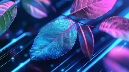Poster - Branch with leaves illuminated with blue and purple lights highlighting the veins and creating a technological atmosphere