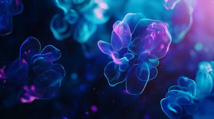 Poster - Captivating abstract background with blue and purple particles floating in dark space. Creating a futuristic. Stylish design. Glowing light adds dynamic touch. Perfect for unique wallpaper or texture