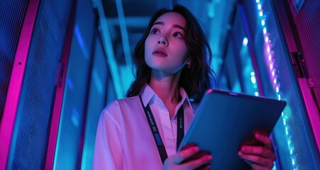 Poster - Woman in data center inspecting server racks with tablet wearing white shirt and black lanyard
