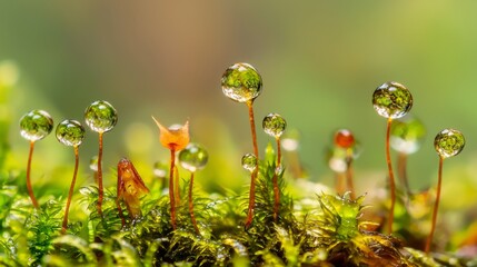 Poster - Water droplets cling to moss in a forest, reflecting greenery. Glistening in morning light, capturing nature's beauty in spring