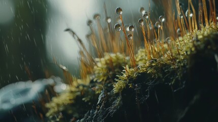 Poster - Macro image of water drops clinging to plants during a rain shower in a lush forest, showcasing the beauty of nature in detail