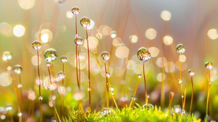 Poster - Water drops cling to lush moss, glistening in the sun, creating a fresh, serene nature background with vibrant green colors and delicate textures