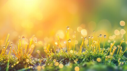 Poster - Morning dew on grass and moss glistens in sunlight, symbolizing nature's beauty and new beginnings