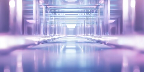 Poster - Futuristic crystal glass tunnel glowing in purple and blue neon light, an abstract background ideal for technology, gaming, or science fiction concepts