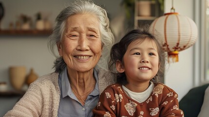 A joyful multi-generational Asian family gathering at home, showcasing the special bond between a grandmother and her granddaughter during a sunny afternoon