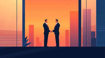 Two business professionals shake hands in front of a sunset skyline, symbolizing partnership and collaboration in a modern office setting.