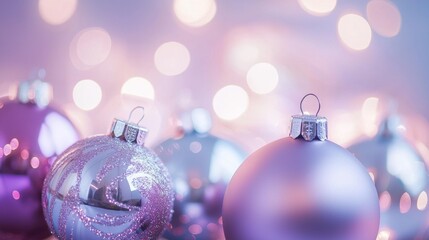 Canvas Print - Beautiful pink and silver christmas ornaments sparkle against a festive purple background, creating a magical and romantic holiday mood. Enjoy the cheerful and cozy atmosphere!