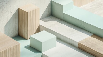 Poster - Sunlight casting shadows over a minimal, abstract background with geometric shapes made of concrete and wood, forming a modern, empty platform