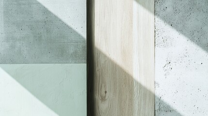 Poster - Sunlight is casting geometric shadows on a textured wall with wood and painted panels, creating an abstract and minimalist background