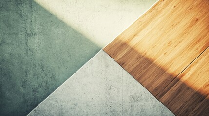Poster - Modern, minimalist interior bathed in sunlight with sleek concrete and wood surfaces, creating a warm, inviting atmosphere perfect for any space. Open, tranquil backdrop for design projects