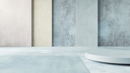Poster - Minimalist concrete interior with a round empty podium for product placement. Pastel colored wall with concrete floor and rug, perfect for showcasing products