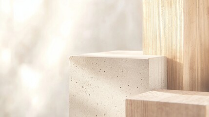 Poster - Sleek modern composition with empty concrete and light wood blocks, perfect for showcasing products. Neutral tones create clean background with natural texture, offering bright airy aesthetic