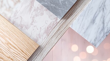 Poster - Different samples of natural stones and wood are creating a neutral colored abstract geometric composition with a blurred background