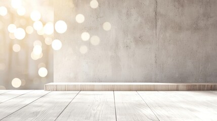 Poster - Empty wooden tabletop is showing a concrete wall with a bokeh effect background. The image gives a warm and cozy feeling